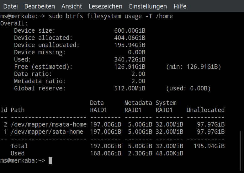 Ausgabe von 'btrfs filesystem usage -T /home' mit 195,94 GiB von 600 GiB nicht reservierten Speicherplatz